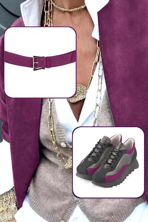 French elegance and refinement for these dark grey and mulberry purple dress sneakers, 
                available in many subtle leather and colour combinations. Nice Sneakers of "Ville". 
Fine and elegant, it will replace a traditional model.
All color combinations are possible, have fun customizing it.  
                Matching clutches for parties, ceremonies and weddings.   
                You can customize these sneakers to perfectly match your tastes or needs, and have a unique model.  
                Choice of leathers, colours, and soles. 
                Wide range of materials and shades carefully chosen.  
                Small and large shoe sizes - Florence KOOIJMAN